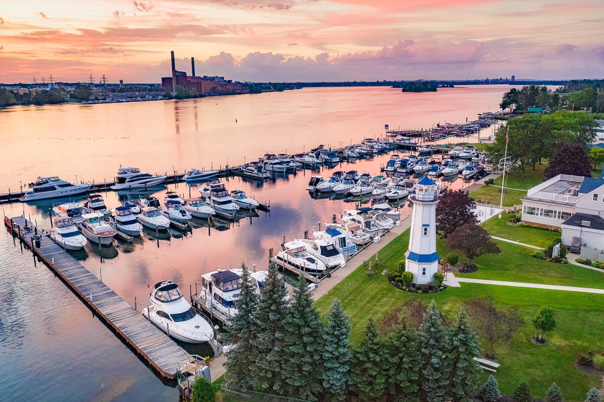 Buffalo Launch Club aerial view over the marina at sunset